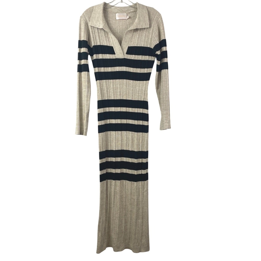 Sancia Ribbed Knit Maxi Dress Beige Black Stripe‎ Collared V-Neck Long Sleeve S